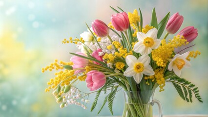 Obraz premium Beautiful bouquet of spring flowers for International Women's Day in a glass vase