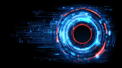Obraz premium Cybernetic Circle: Abstract digital art depicting a glowing, futuristic circular interface with vibrant blue and red hues against a dark background. Perfect for tech, innovation.