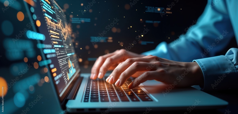 Aufkleber Business person works on laptop. Digital code, charts appear on screen. Person types on keyboard. AI tech supports development. Virtual web design created. Modern tools create innovative website.