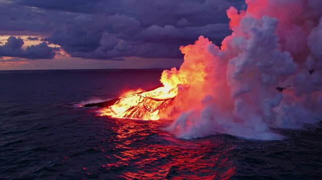 Fire near cliffside ocean, turbulent water, orange-yellow flames, billowing smoke, low light conditions, dusk/dawn sky, distant perspective, documentary photography