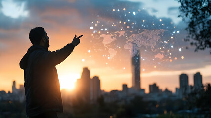Silhouette of a man interacting with a digital world map projection at sunset over a city skyline.
