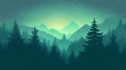 Emerald aurora borealis lights illuminate a dark evergreen forest at night. Borealis. Illustration