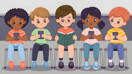 Children are looking at their smartphones and only one is reading a book. The concept of the harm of gadgets and the benefits of reading