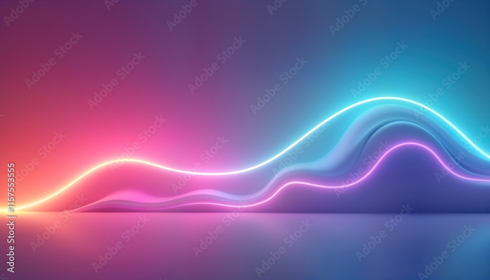 Poster Abstract vibrant scene with colorful neon glowing curvy lines. Dynamic shapes, vibrant colors create futuristic ambiance. Empty space suggests minimalist tech design concept. Illumination bright,