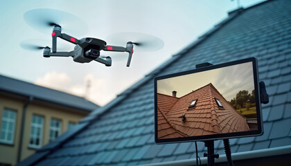 Drone inspects house roof. Monitor shows roof details. Drone hovers above. Tech tools used. Property inspection. Closeup. Residential building. Exterior. Aerial view.