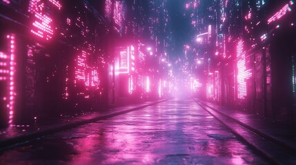 Futuristic Neon City Streetscape with Vibrant Glowing Lights