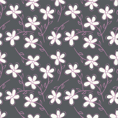 Hand drawing floral seamless pattern with cotton twigs and berries bouquets on a beige background. Winter Christmas themed background. Botanical illustration.