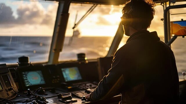 Golden sunlight bathing maritime bridge while ship captain navigating vessel, professional hands guiding control panel with navigation screens displaying critical maritime journey data