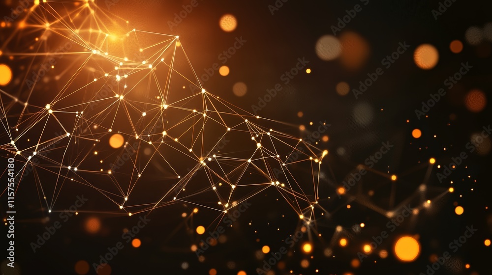 Fototapete abstract plexus network background. golden glowing lines and particles on dark backdrop.