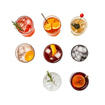 Collection top view of glasses with Summer Soda colorful drinks menu isolated or on white background, mocktail or cocktail for refreshing.	
