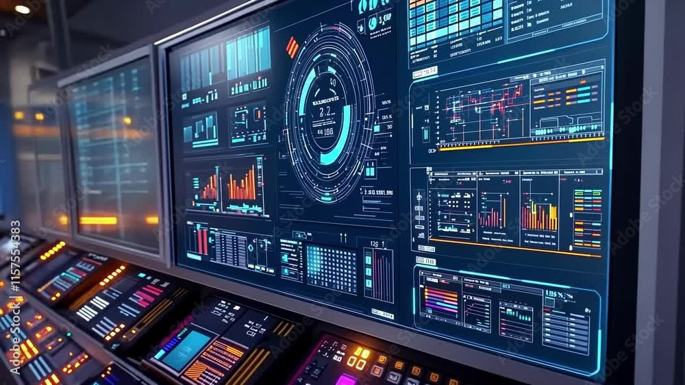 Aufkleber complex data analysis is displayed on a futuristic control room monitoring system, showcasing advanc