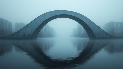 Obraz premium A serene foggy scene featuring a large arch bridge reflecting in still water.
