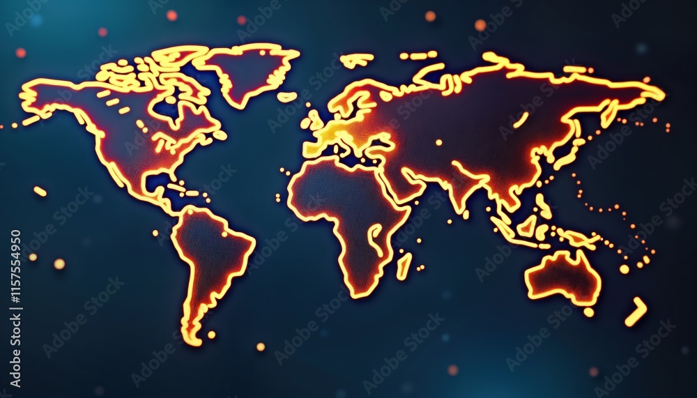 Poster global map illustration shows world connectivity. network, data transfer visualized by neon-style ou