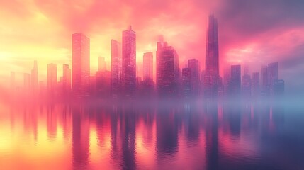 Cityscape at Sunset Reflected in Calm Water