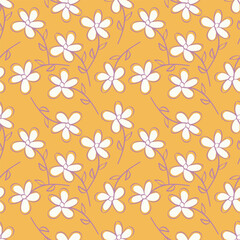 Hand drawing floral seamless pattern with cotton twigs and berries bouquets on a beige background. Winter Christmas themed background. Botanical illustration.