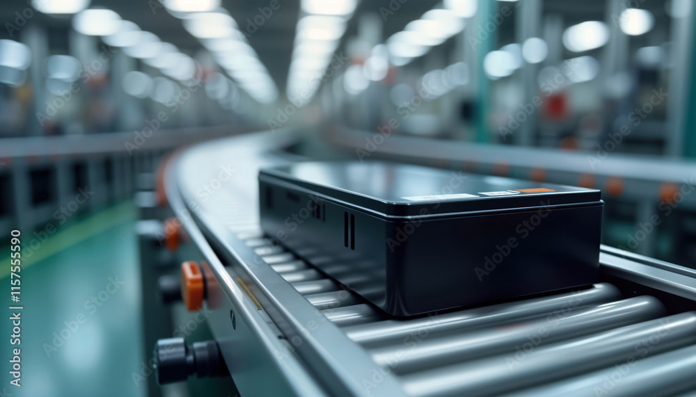 Leinwandbilder Dark black battery module moves on automated conveyor belt in modern industrial plant. Electric vehicle battery component travels through assembly line. Advanced tech used in automated production