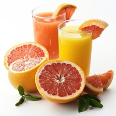 Freshly squeezed grapefruit and orange juice in glasses, with juicy fruit slices, a refreshing and healthy drink.