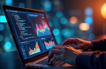 Person working on laptop. Screen shows multiple charts, data. Hands typing on keyboard. Analysis of business data. Modern tech. Data analytics concept. Virtual dashboard. Advanced algorithms.