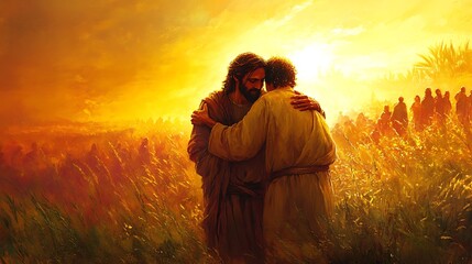 Jesus embracing the blind man as he weeps tears of joy, a glowing golden aura surrounding them, soft-focus crowd in the background,