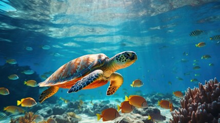 Obraz premium Sea Turtle Swimming in Coral Reef