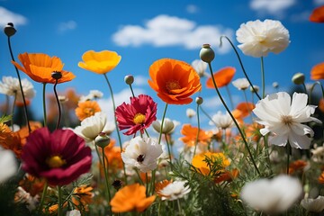 Fototapeta premium Vibrant wildflower meadow with butterflies under a sunny sky - Generative AI