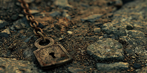 Rusty Padlock and Chain on Gravel Ground