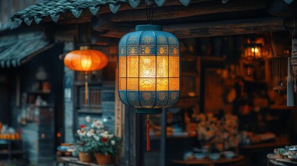 Naklejka premium A beautifully illuminated lantern hangs outside a cozy shop, enhancing the ambiance.