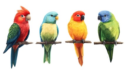 Four brightly colored parrot-like birds are displayed side-by-side on a black background.