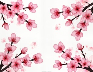 Fototapeta premium Pink cherry blossom branches bloom beautifully. Floral spring decor illustration shows delicate blossom flowers, buds. Japanese sakura tree spring elements. Beautiful springtime flora. Traditional