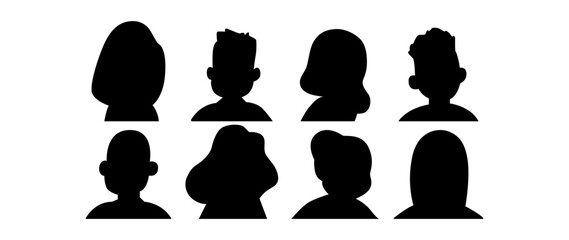 Vector flat illustration. Eight icons. Black silhouette of men and women. Avatar, user profile, person icon, profile picture. Suitable for social media profiles, icons, screensavers and as a template.
