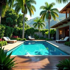 Fototapeta premium Crystal clear blue pool water surrounded by tall trees and vibrant flowers with a wooden deck leading to a tranquil poolside area, outdoor pool, poolside