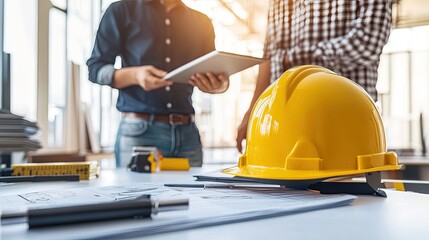 Construction workers reviewing blueprints on tablet.