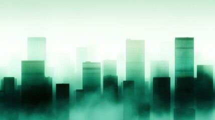 A misty skyline featuring tall buildings gives an atmospheric and modern feel, ideal for urban-themed projects, environmental discussions, or backgrounds for business presentations,