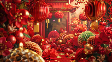 Lunar New Year, traditional festive theme, vibrant colors, rich red and gold details, detailed cultural elements, high-resolution illustration