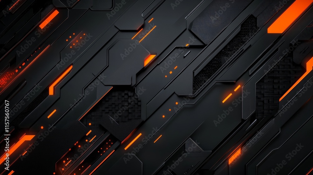 Poster Dark abstract background with orange glowing lines and hexagonal patterns.