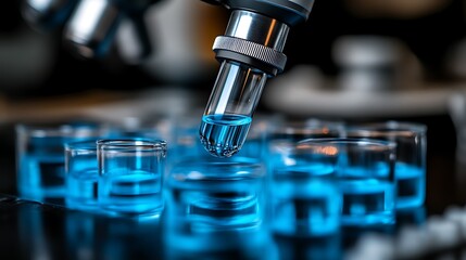 Microscope dispensing blue liquid into sample containers