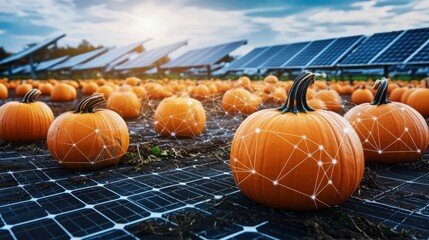 Sustainable agriculture practices for healthy pumpkin farming solar farm visual content eco-friendly environment aerial view