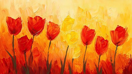 Obraz premium Acrylic painting with brush strokes of red and yellow tulips. Texture of Canvas.g 