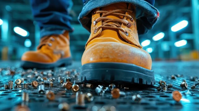 Worker slipping on loose screws industrial facility safety incident workshop environment close-up view workplace safety