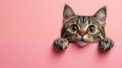 Above the banner is an isolated image of a surprised, humorous cat on a pink background. Web banner, copy space, and template