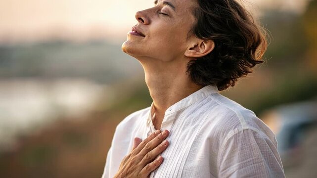 Breath Awareness A closeup on the persons chest expanding gently symbolizing deep rhythmic breathing that promotes relaxation and stress reduction.