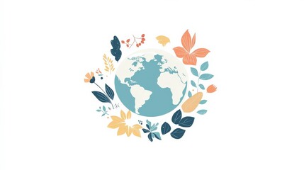 Colorful illustration of a globe surrounded by diverse foliage and flowers, representing harmony between nature and Earth, ideal for sustainability and environmental topics.