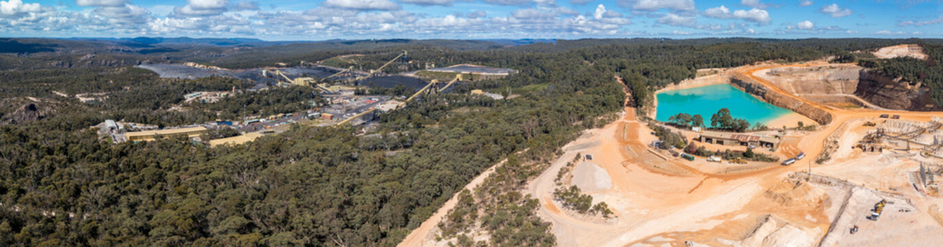 Drone aerial panoramic photograph of a working industrial coal colliery in regional Australia.