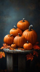 Autumn harvest of pumpkins displayed on rustic wooden table near window