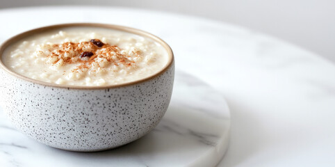 A bowl of creamy rice pudding sprinkled with cinnamon and raisins, presented on a white marble surface. Represents comfort food, dessert, breakfast, and sweet treats.