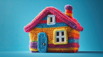 A vibrant knitted house with a blue backdrop banner 