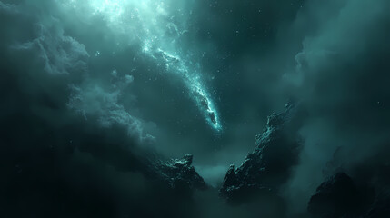 A comet falling in the dark sky. Borealis. Illustration