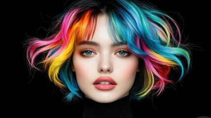 Obraz premium Vibrant Portrait of a Young Woman with Colorful Hair Against a Dark Background