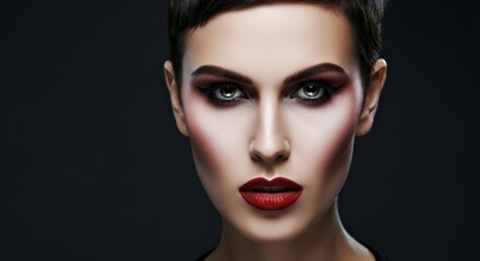 Fototapeta premium Bold female beauty with striking makeup and short hair on dark background