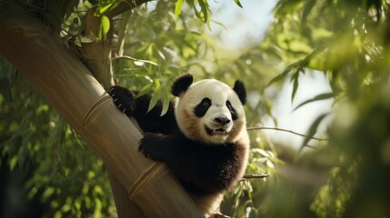 Obraz premium Panda Clinging to a Tree Trunk